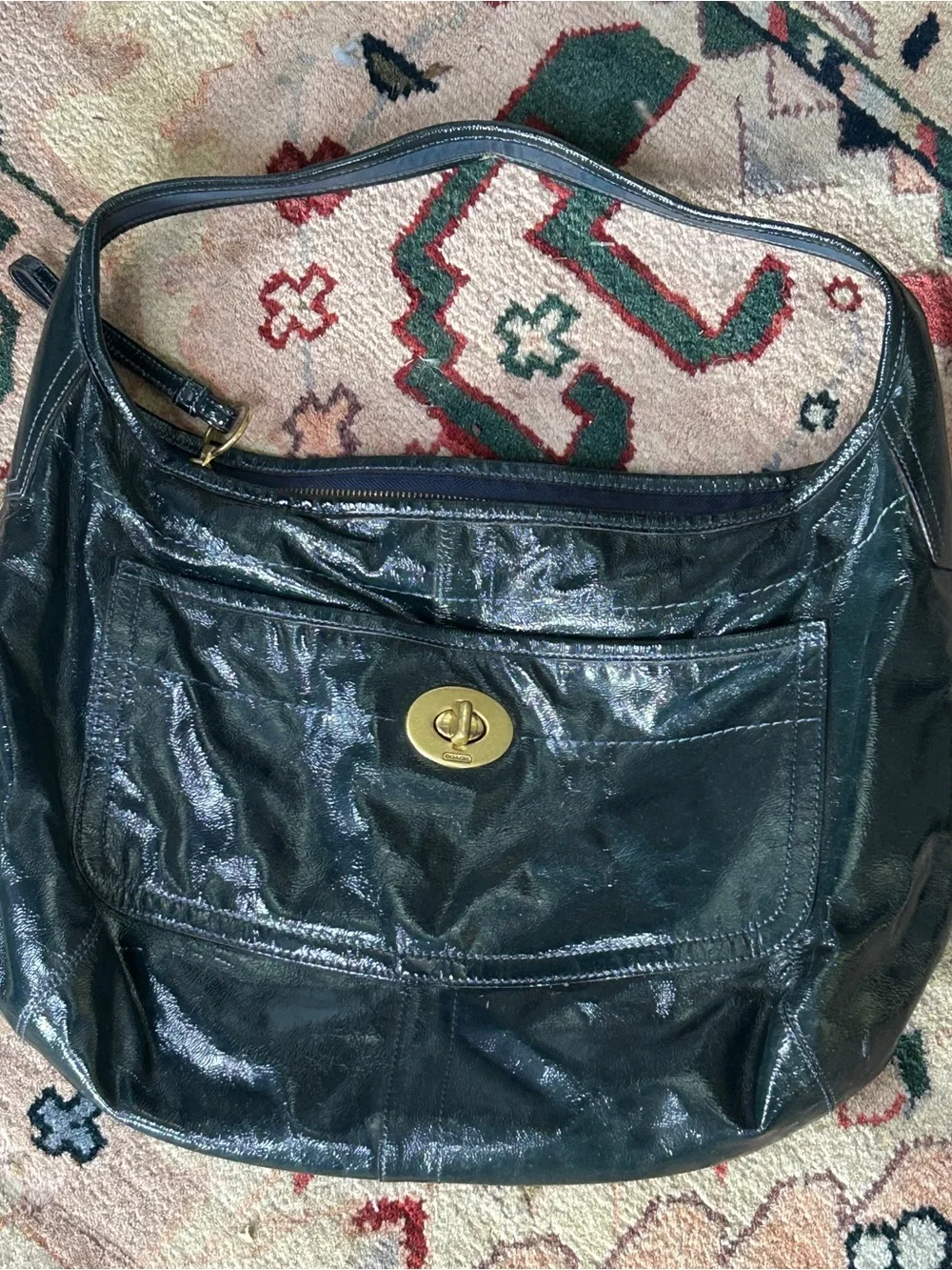 Coach Green Patent Leather Shoulder Bag with Gold Turn-Lock
